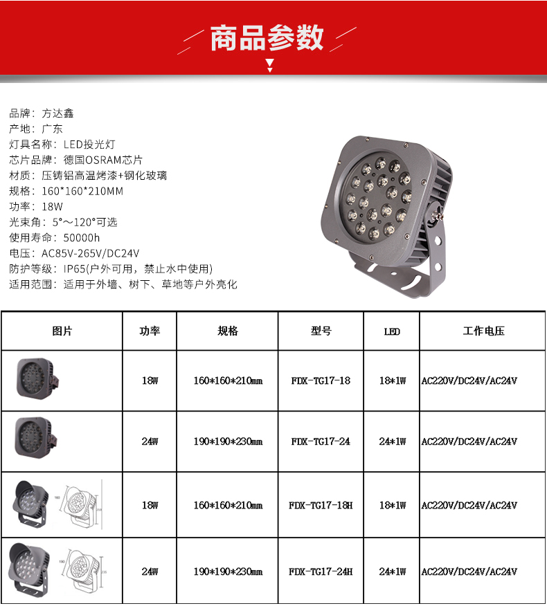 方形投光灯18w